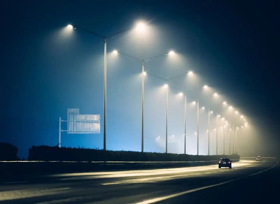 LED street lighting along a highway at night