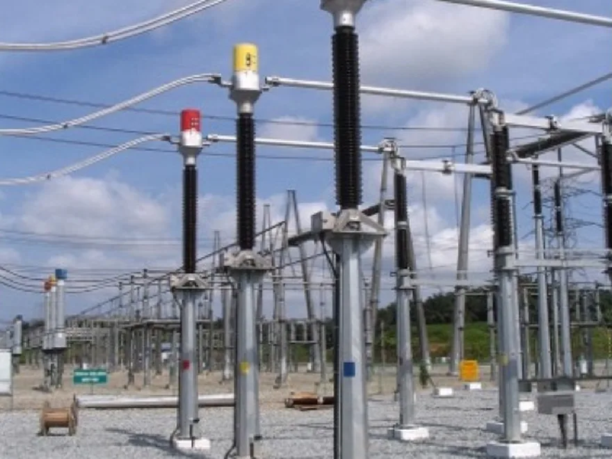 Outdoor AIS high-voltage substation with busbar gantries and switchgear